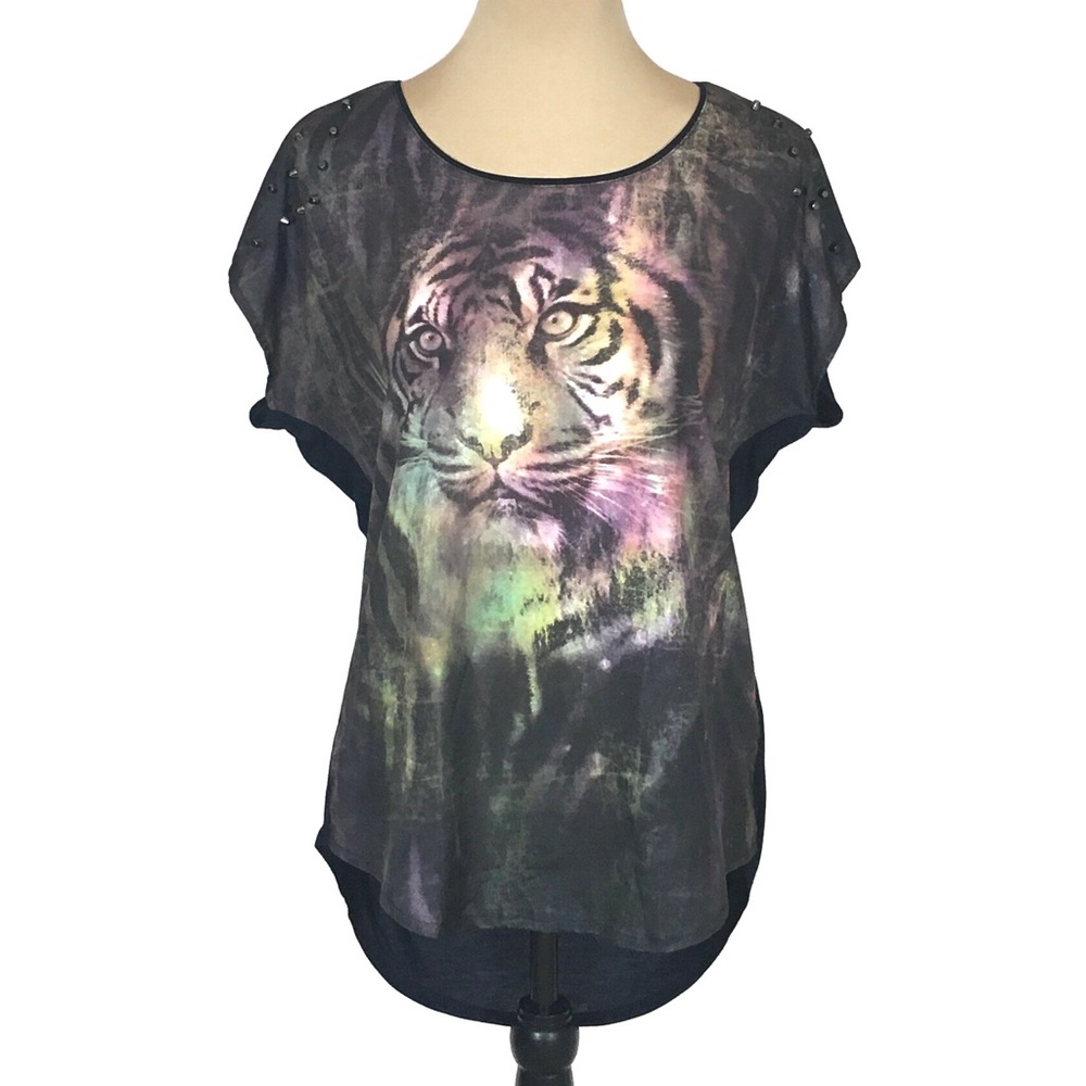Rock & Republic Multicolored Tiger High Low Studded Tunic, Women's XS